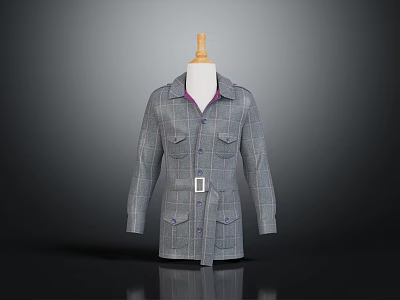 Gray Checkered Coat With Belted Design Front Pockets And Classic Tailored Silhouette 3d model