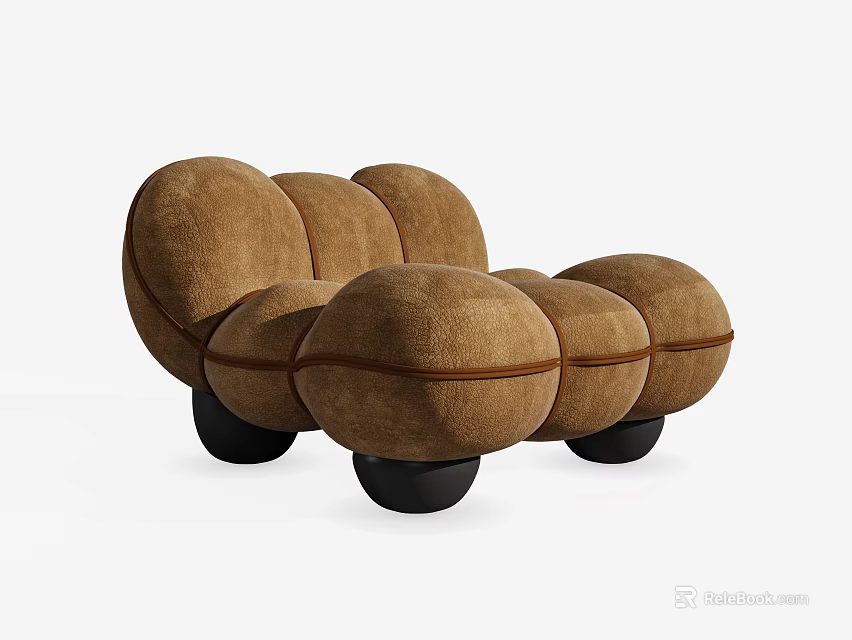 Modern Brown Velvet Unique Shape Sofa With Modular Round Sections And Black Legs 3d model