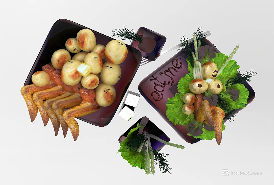 Appetizing Fried Food Plates With Fresh Vegetable Garnish And Eat Me Text 3d model 