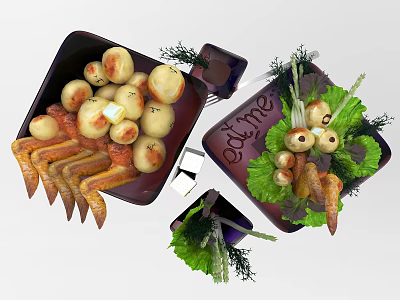 Appetizing Fried Food Plates With Fresh Vegetable Garnish And Eat Me Text 3d model