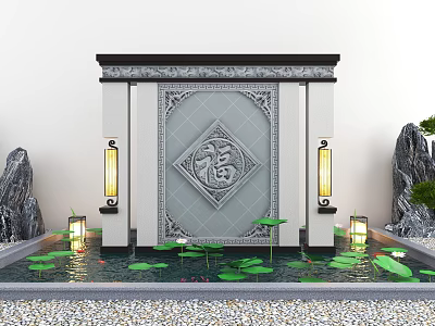 Chinese Feature Wall With Carved Fortune Character Symmetric Lanterns Front Pool And Lotus Leaves 3d model
