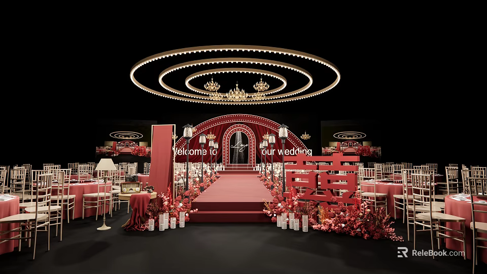 Red Themed Wedding Banquet Hall With Red Carpet Circular Chandeliers Welcome Sign And Double Happiness 3d model 