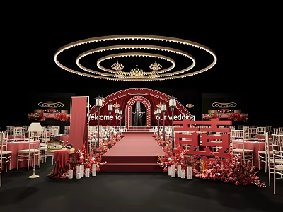 Red Themed Wedding Banquet Hall With Red Carpet Circular Chandeliers Welcome Sign And Double Happiness 3d model