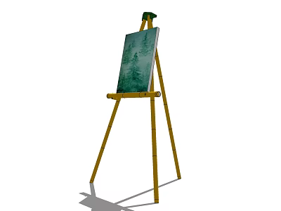Yellow Wooden Easel With Canvas Displaying Green Forest Art Painting Supplies 3d model