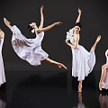 Women in White Dresses Dancing Ballet with Jumping Stretching Poses on Black Background