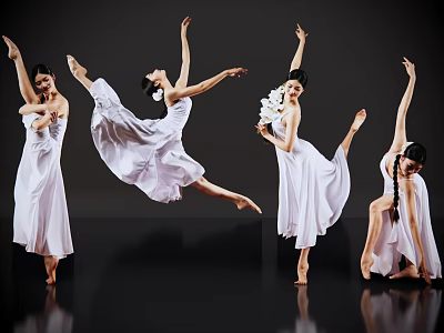 Women in White Dresses Dancing Ballet with Jumping Stretching Poses on Black Background 3d model