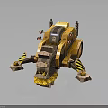 3D Rendered Yellow Construction Demolition Vehicle With Crushing Mechanism And Warning Stripes