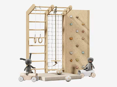 Wooden Play Equipment With Climbing Wall Ladder Rings Net And Carts 3d model