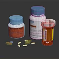 Assorted Food Supplement Bottles With Blue White Brown Pills And Labels