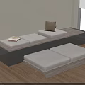 Gray Bench With Pillow Tray Of Books On Wooden Floor By Window