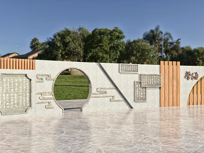 Scenic Wall With Circular Opening Stone Inscriptions Wooden Panels And Green Trees Under Blue Sky 3d model