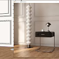 Black Nightstand with Drawer Silver Lamp and White Cup on Light Wainscoting Wall Wooden Floor