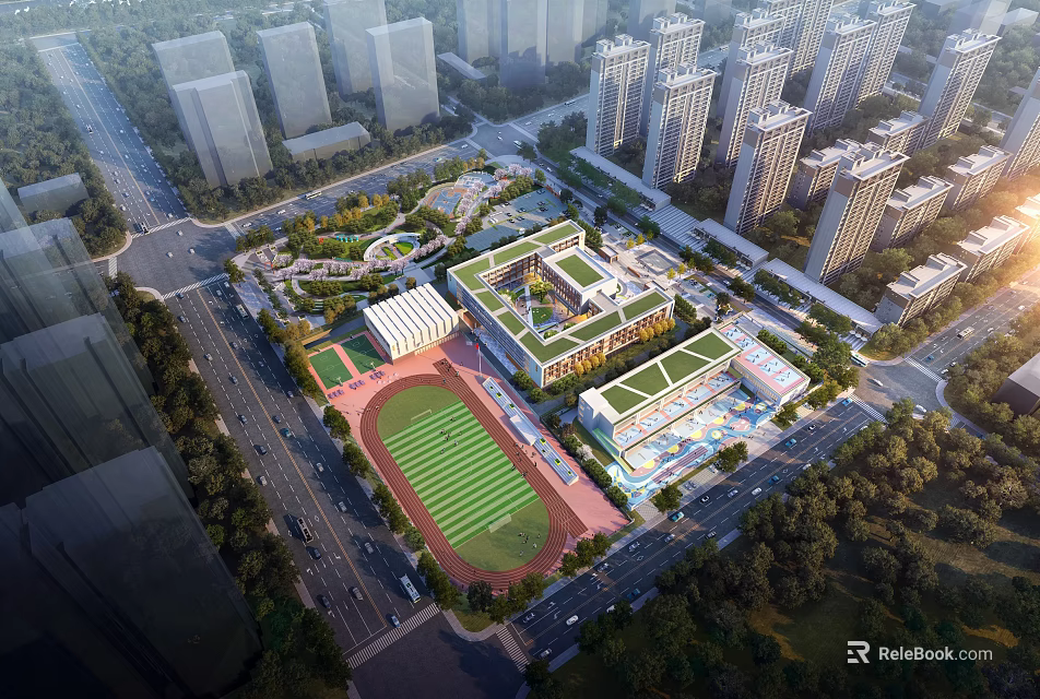 Aerial Planning of Urban School Area With Green Playground High Rise Buildings and Trees 3d model 