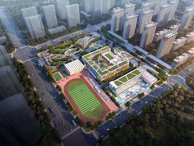 Aerial Planning of Urban School Area With Green Playground High Rise Buildings and Trees 3d model