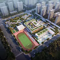 Aerial Planning of Urban School Area With Green Playground High Rise Buildings and Trees