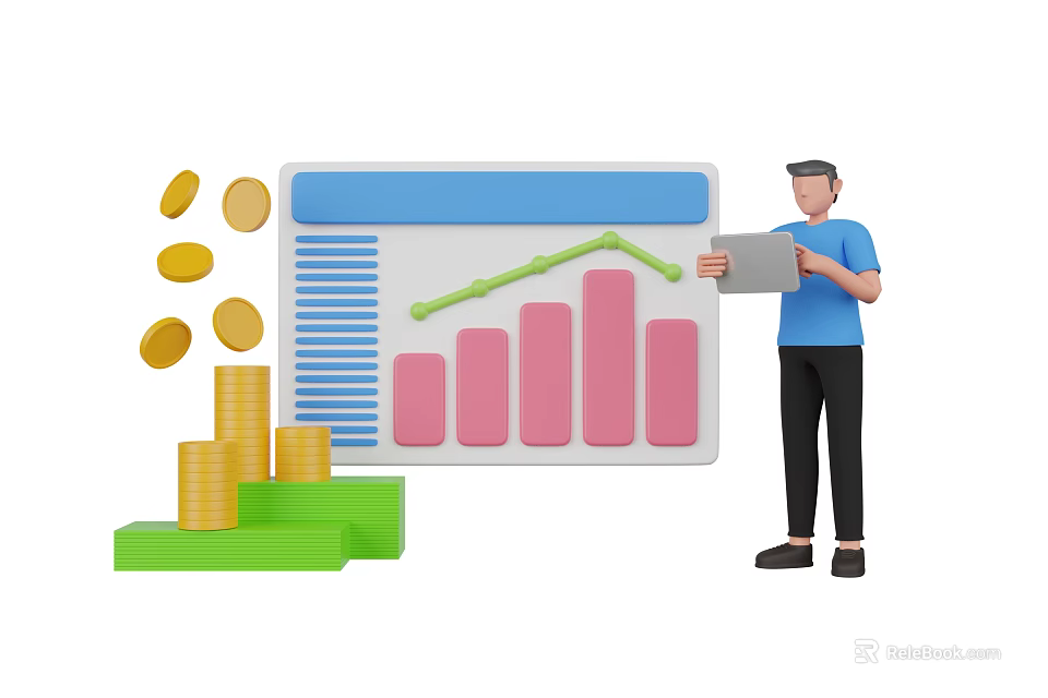 Man Holding Tablet Analyzing Charts With Bar Graphs Line Graph And Gold Coins Stacked Nearby 3d model 