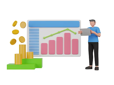 Man Holding Tablet Analyzing Charts With Bar Graphs Line Graph And Gold Coins Stacked Nearby 3d model