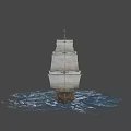 Medieval Naval Weaponry Mounted On Wooden Sailing Ship With White Sails Floating On Water