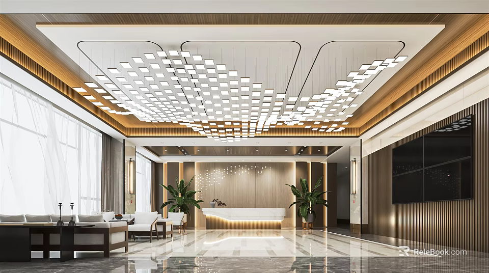 Modern Lobby Front Desk Reception With Square Ceiling Lights Potted Plants And Sofa Seating 3d model