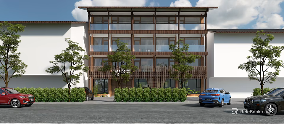 Modern Homestay Building With Multi Storey Wooden Glass Facade And Trees Green Shrubs 3d model 