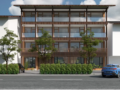 Modern Homestay Building With Multi Storey Wooden Glass Facade And Trees Green Shrubs 3d model