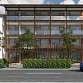 Modern Homestay Building With Multi Storey Wooden Glass Facade And Trees Green Shrubs