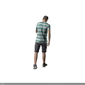 Man In Green And White Striped T Shirt Standing With Dark Shorts On Gray Background