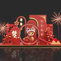 Festive Chinese New Year Red Theme Photo Spot With Lion Dance Figure Lanterns And Fireworks