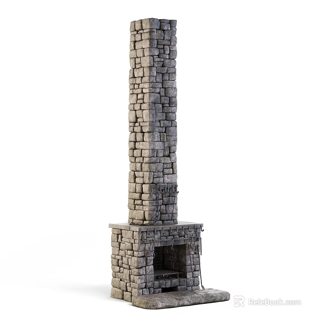 Gray Brick Fireplace with Tall Chimney and Small Firebox in Interior Design 3d model