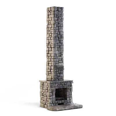Gray Brick Fireplace with Tall Chimney and Small Firebox in Interior Design 3d model