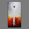 Oil Painting Featuring Ballerina With White Wings Mosaic Background Orange White Red Tones Hands Raised