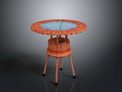 Round Wicker Dining Table With Glass Top And Wicker Legs Black Foot Caps 3d model