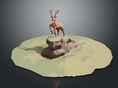 Low Poly 3D Antelope Standing on Rock with Green Ground Surface 3d model