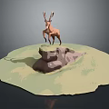 Low Poly 3D Antelope Standing on Rock with Green Ground Surface