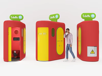 Colorful Red Yellow Portable Toilet Cabins With Toilet Signs And User 3d model