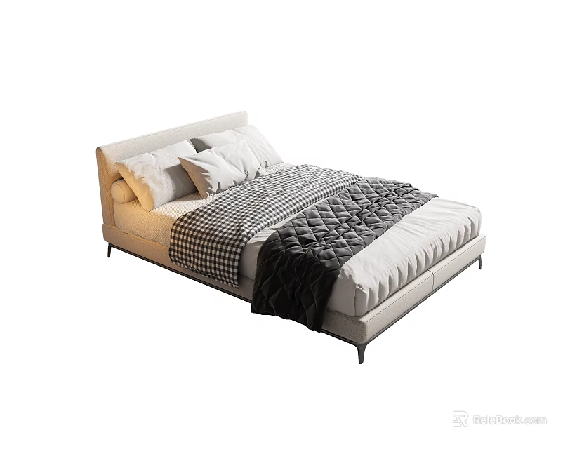 Modern Single Bed With Light Upholstered Headboard White Pillows Checkered Quilt And Dark Blanket 3d model 