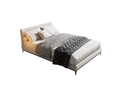 Modern Single Bed With Light Upholstered Headboard White Pillows Checkered Quilt And Dark Blanket 3d model