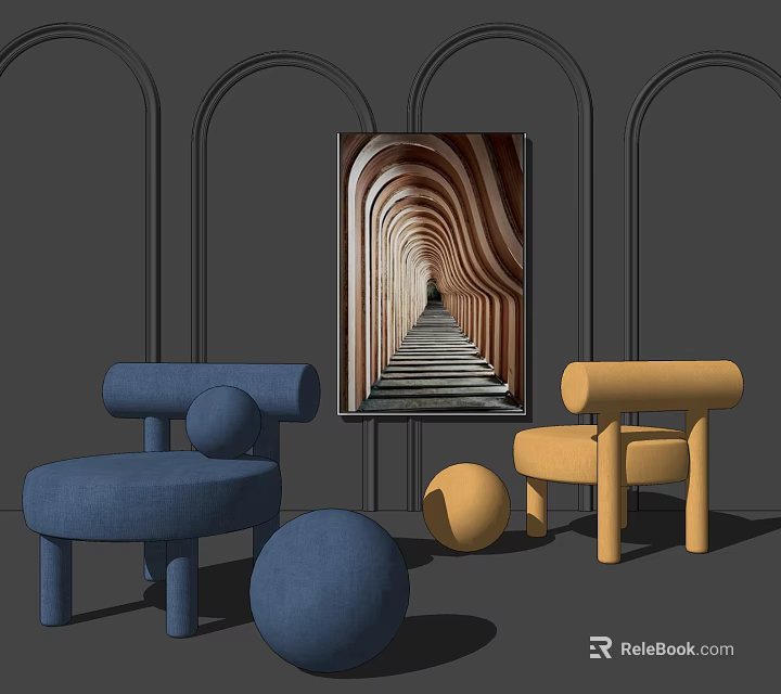Blue and Yellow Single Sofa with Round Decorative Balls on Arched Wall and Tunnel Painting 3d model 