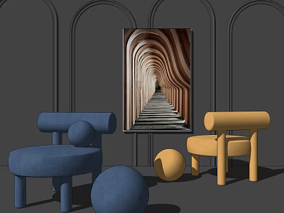Blue and Yellow Single Sofa with Round Decorative Balls on Arched Wall and Tunnel Painting 3d model