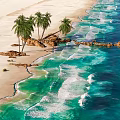 Tropical Waterfront Landscape With Sandy Beach Palm Trees Rocks And Clear Blue Waves
