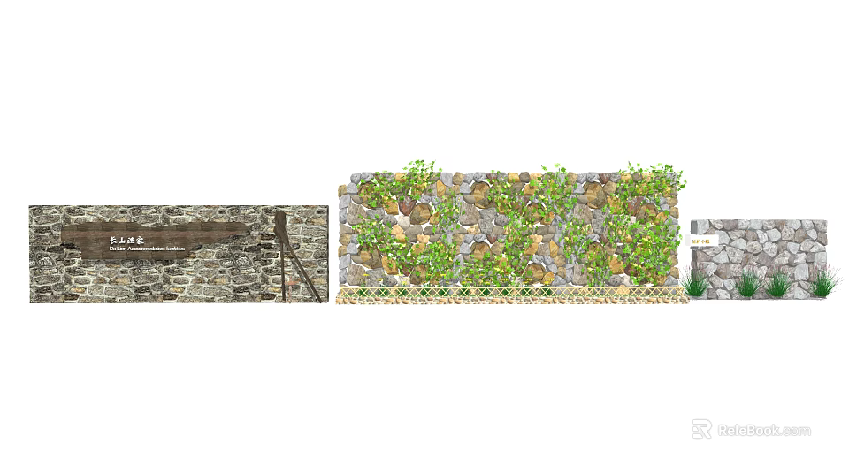 Natural Stone Feature Wall Design With Green Vines And Decorative Plants 3d model