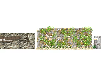 Natural Stone Feature Wall Design With Green Vines And Decorative Plants 3d model
