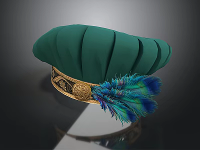 Green Velvet Hat With Gold Decorative Band And Peacock Feather Accent 3d model