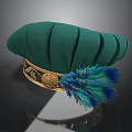 Green Velvet Hat With Gold Decorative Band And Peacock Feather Accent
