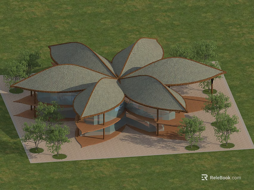 Flower Shaped Building With Unique Architectural Design Surrounded By Green Grass And Trees 3d model 