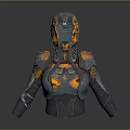 Female Wearing Futuristic Blue And Orange Mechanical Armor With Worn Metallic Texture