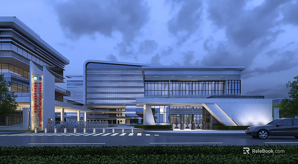 Modern Office Building Exterior Design With Glass Curtain Walls Spacious Entrance And Evening Lighting 3d model 