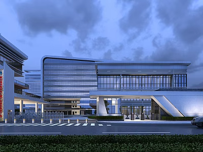 Modern Office Building Exterior Design With Glass Curtain Walls Spacious Entrance And Evening Lighting 3d model