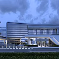 Modern Office Building Exterior Design With Glass Curtain Walls Spacious Entrance And Evening Lighting