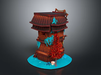 Traditional Wooden Layered Tower With Red Tiled Roof Snow Accents Red Tree Blue Snowy Base 3d model